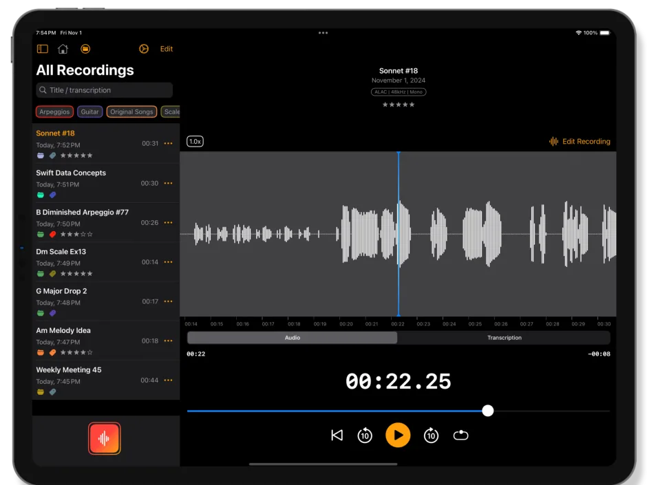 Bangin' Audio Recorder project view on iPad