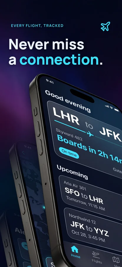 App Store screenshot for a flight-tracking app, designed in Screenodon