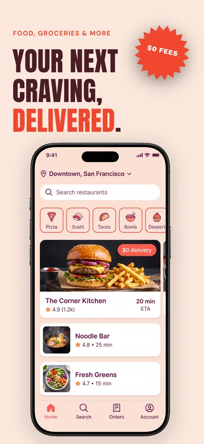 App Store screenshot for a food-delivery app, designed in Screenodon