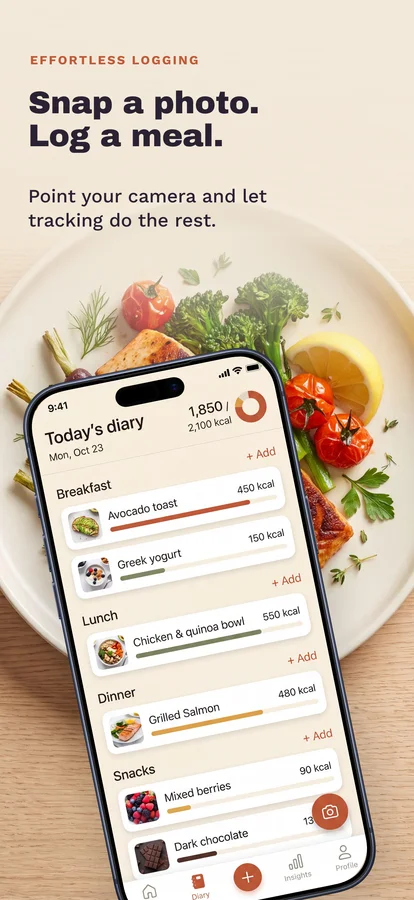 App Store screenshot for a meal-logging app, designed in Screenodon