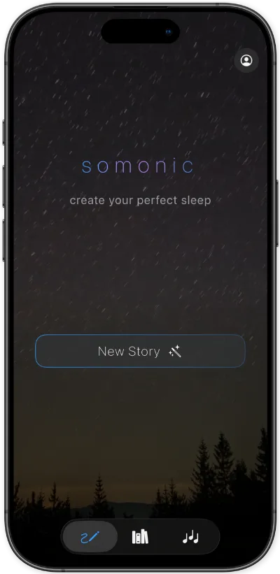 Somonic sleep app home screen showing the sleep story library